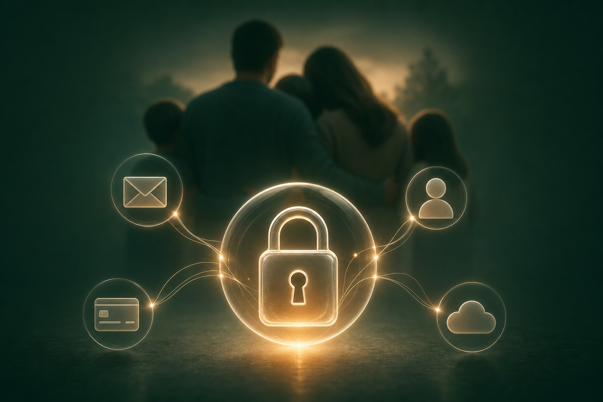 Digital legacy planning: glowing lock with email, social, banking, cloud icons over family