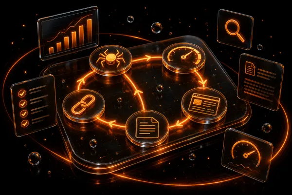 Isometric dark 3D illustration of an SEO website audit flow with glowing orange nodes, connected light paths, and flo...